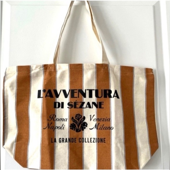 Sezane Handbags - Sezane L'Avventura Tote Brown Cream Stripe Purse Market Bag Boho Summer Travel